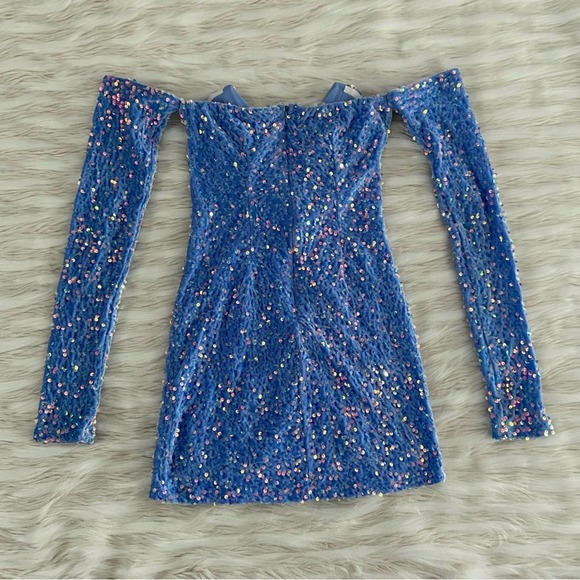 Lucy in the Sky Blue Sequins Velvet Off Shoulder Long Sleeve Bodycon Mini Dress - Picture 13 of 16